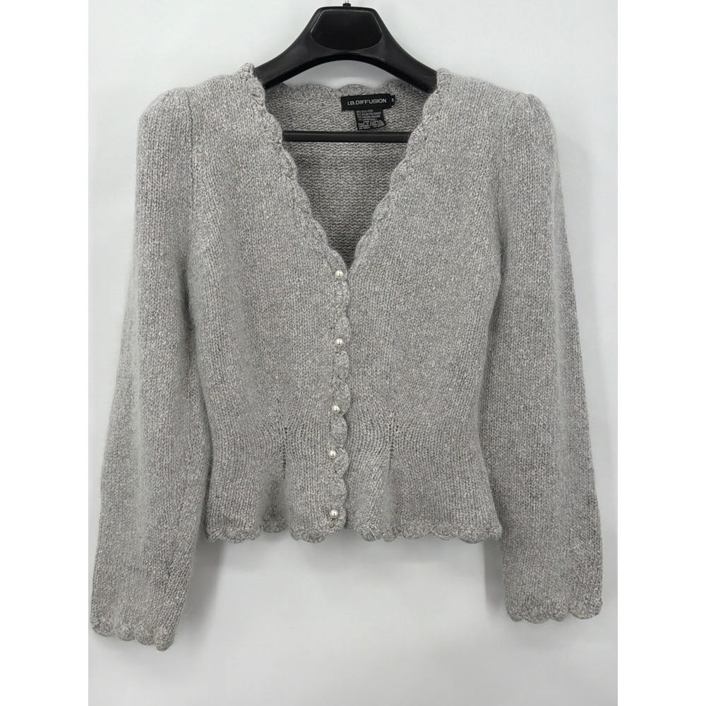 IB Diffusion Gray Silk Angora Lambswool Pearl Button Scalloped Cardigan Medium